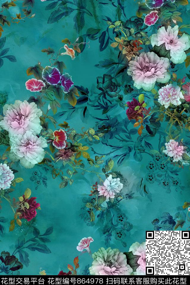 花卉中国风手绘花数码印花华亿平台下载（图片编号: 864978） - 瓦栏（Walan）