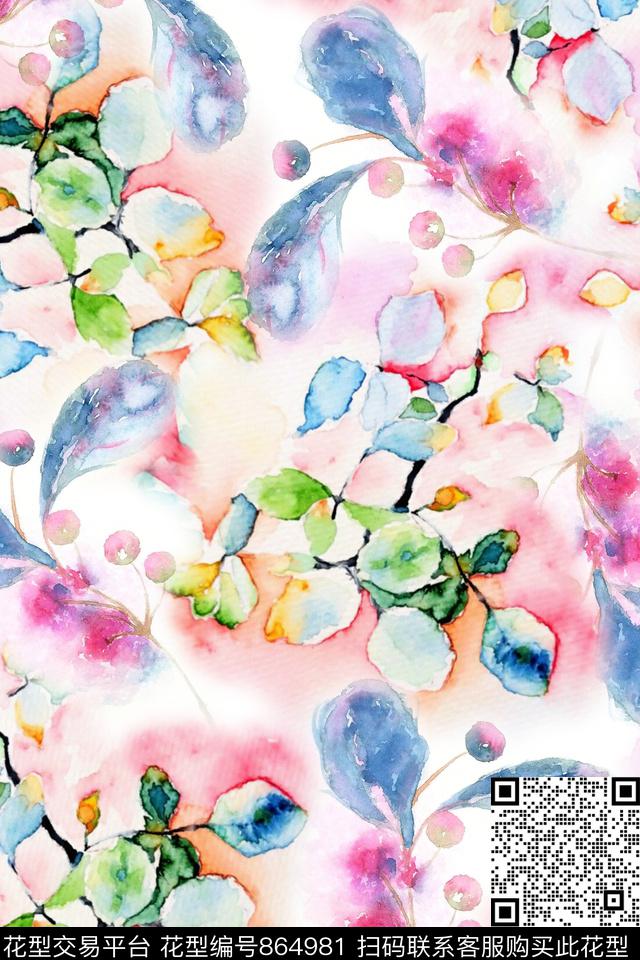 水彩花卉晕染数码印花华亿平台下载（图片编号: 864981） - 瓦栏（Walan）