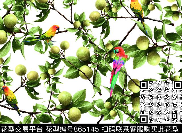中国风植物鹦鹉数码印花华亿平台下载（图片编号: 865145） - 瓦栏（Walan）