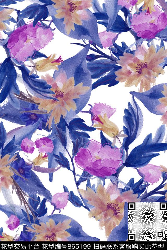 花卉水彩抽象数码印花华亿平台下载（图片编号: 865199） - 瓦栏（Walan）