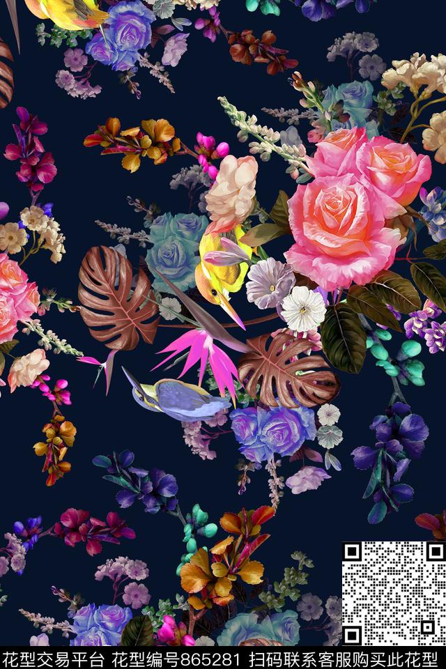 玫瑰大花花鸟数码印花华亿平台下载（图片编号: 865281） - 瓦栏（Walan）