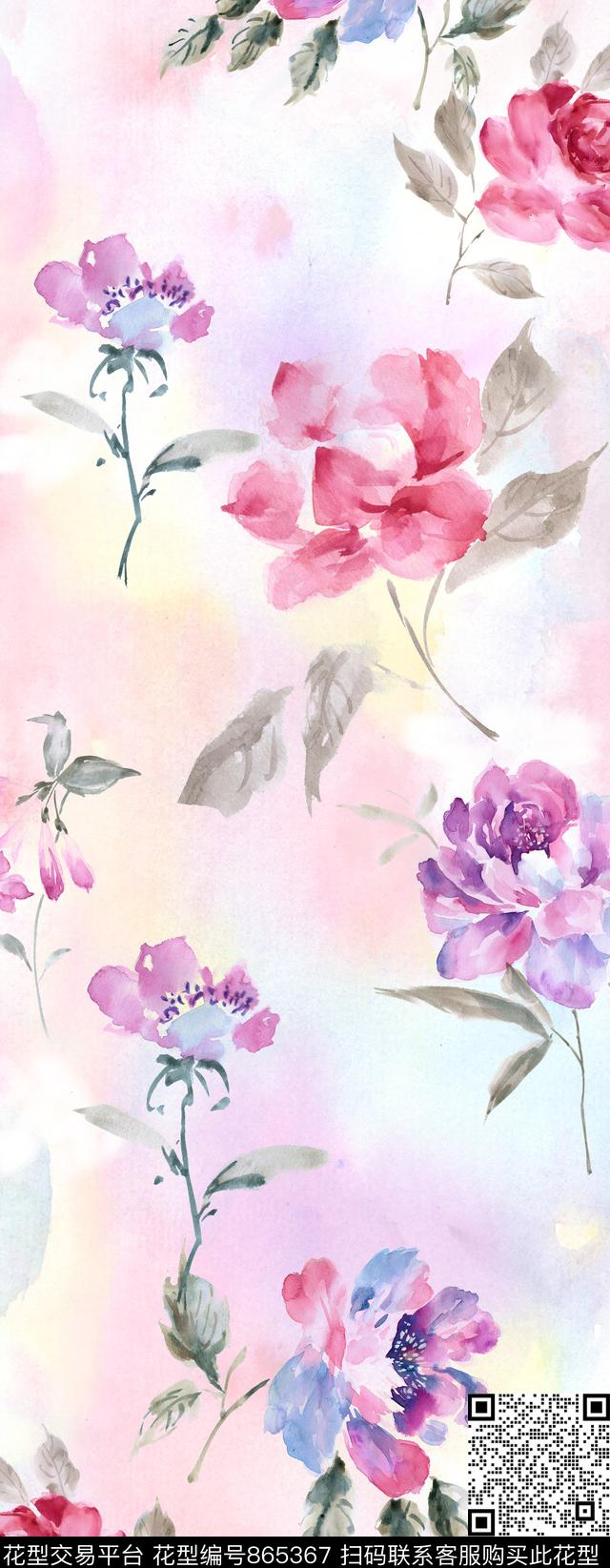 朦胧花卉长巾数码印花华亿平台下载（图片编号: 865367） - 瓦栏（Walan）