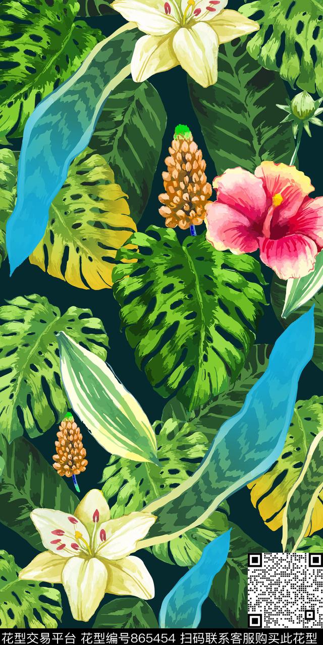 热带叶子大花数码印花华亿平台下载（图片编号: 865454） - 瓦栏（Walan）