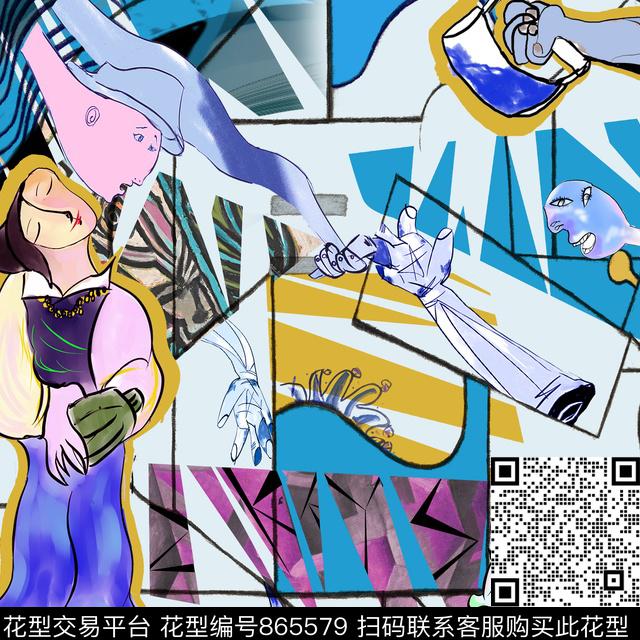 彩色人物抽象数码印花华亿平台下载（图片编号: 865579） - 瓦栏（Walan）