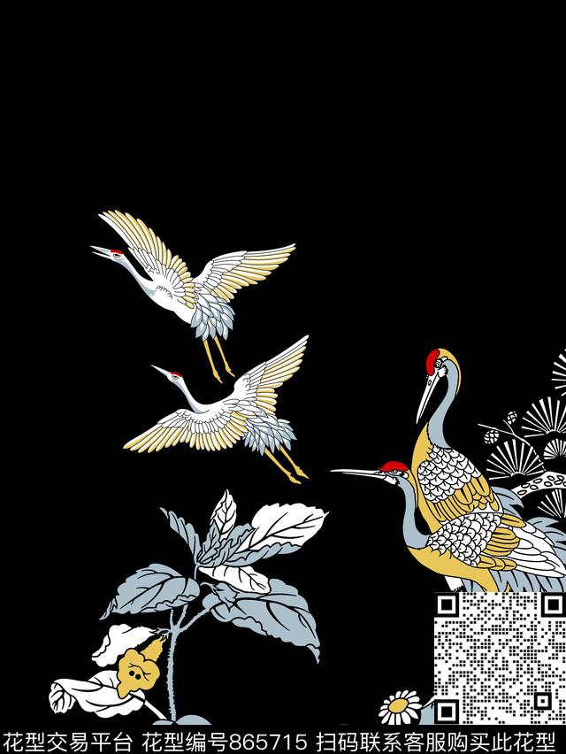中国风树叶白鹤鸟传统印花华亿平台下载（图片编号: 865715） - 瓦栏（Walan）