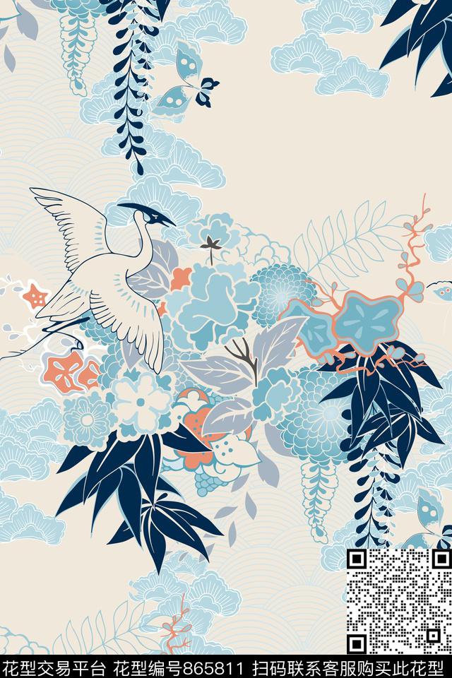 花卉民族风仙鹤数码印花华亿平台下载（图片编号: 865811） - 瓦栏（Walan）