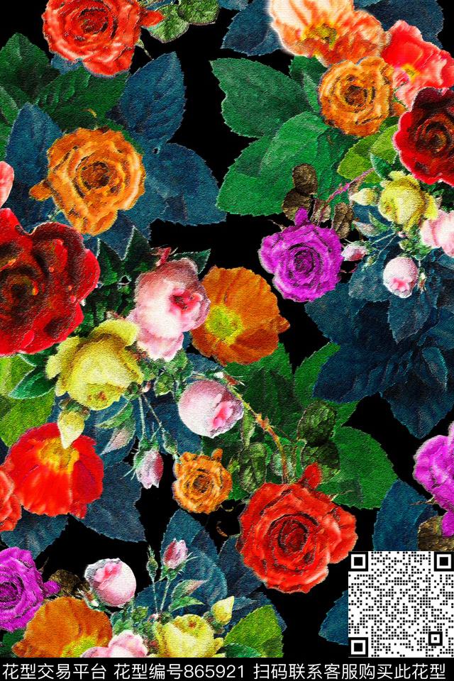油画花玫瑰模糊感效果数码印花华亿平台下载（图片编号: 865921） - 瓦栏（Walan）