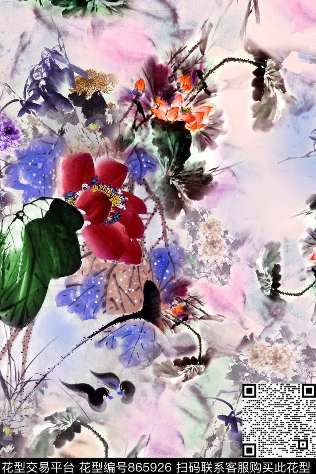 荷花花朵花卉数码印花华亿平台下载（图片编号: 865926） - 瓦栏（Walan）