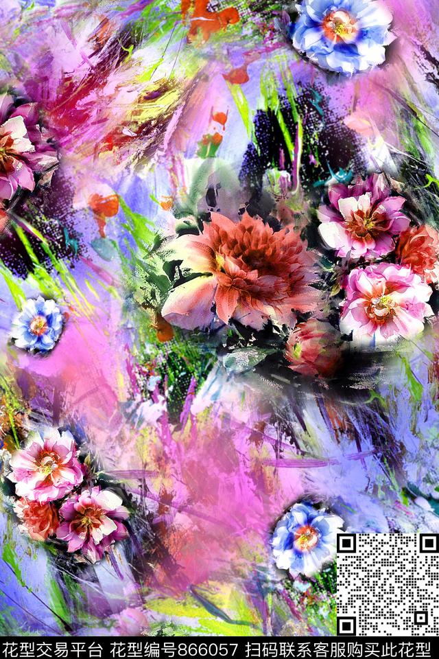 牡丹抽象花花卉数码印花华亿平台下载（图片编号: 866057） - 瓦栏（Walan）
