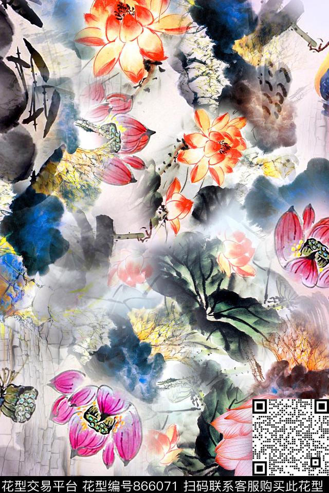 大花荷花花卉数码印花华亿平台下载（图片编号: 866071） - 瓦栏（Walan）