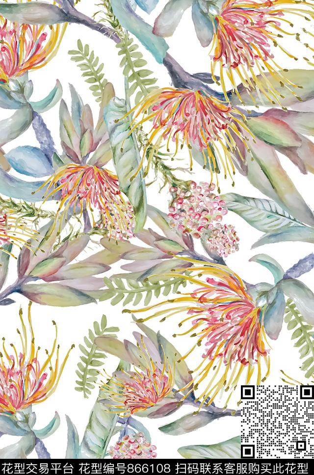 叶子植物女装花卉数码印花华亿平台下载（图片编号: 866108） - 瓦栏（Walan）