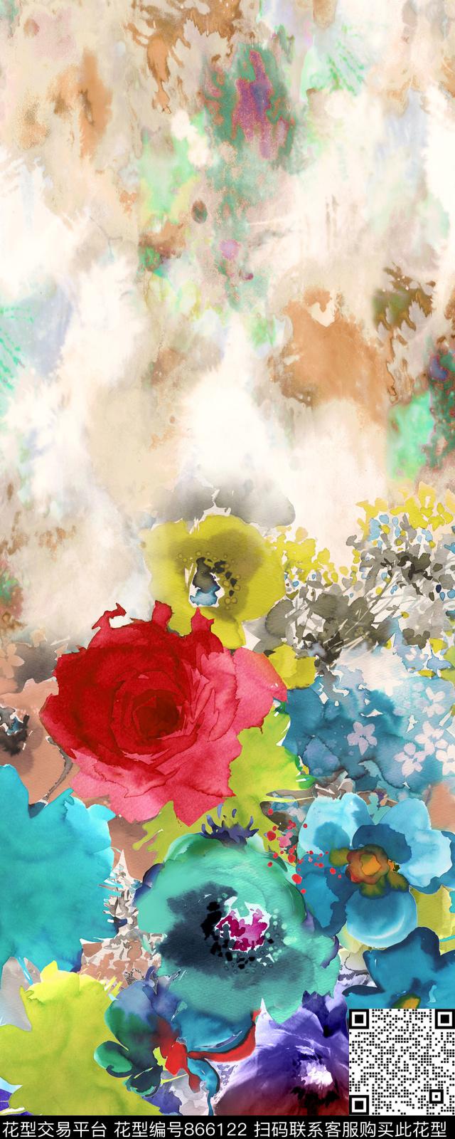 定位花花卉手绘数码印花华亿平台下载（图片编号: 866122） - 瓦栏（Walan）
