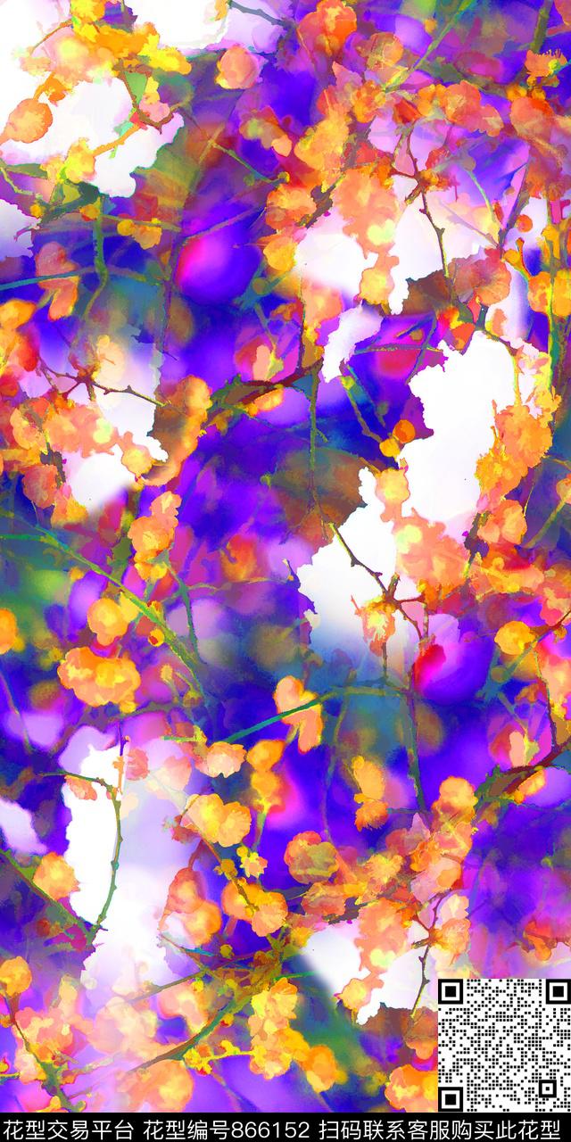 五彩花卉叶子花卉数码印花华亿平台下载（图片编号: 866152） - 瓦栏（Walan）