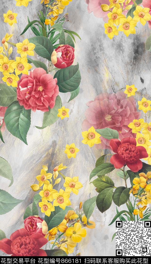花卉牡丹群花数码印花华亿平台下载（图片编号: 866181） - 瓦栏（Walan）