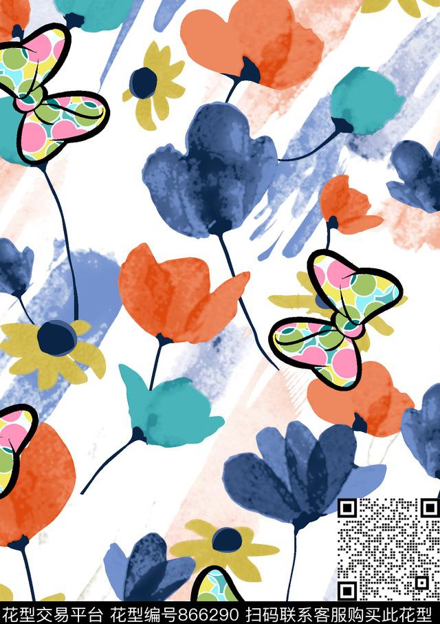 蝴蝶云纹花朵传统印花华亿平台下载（图片编号: 866290） - 瓦栏（Walan）