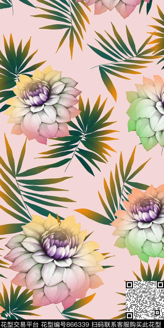 热带叶子花卉数码印花华亿平台下载（图片编号: 866339） - 瓦栏（Walan）