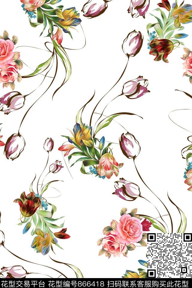 玫瑰郁金香水彩手绘数码印花华亿平台下载（图片编号: 866418） - 瓦栏（Walan）