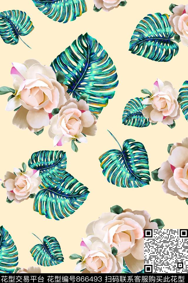 手绘花卉时尚小清新优雅数码印花华亿平台下载（图片编号: 866493） - 瓦栏（Walan）