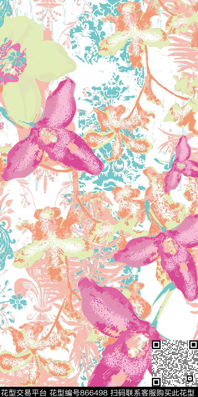 兰花花卉长巾数码印花华亿平台下载（图片编号: 866498） - 瓦栏（Walan）