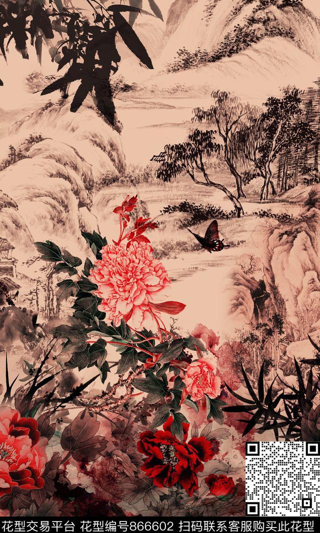 牡丹花卉花朵数码印花华亿平台下载（图片编号: 866602） - 瓦栏（Walan）