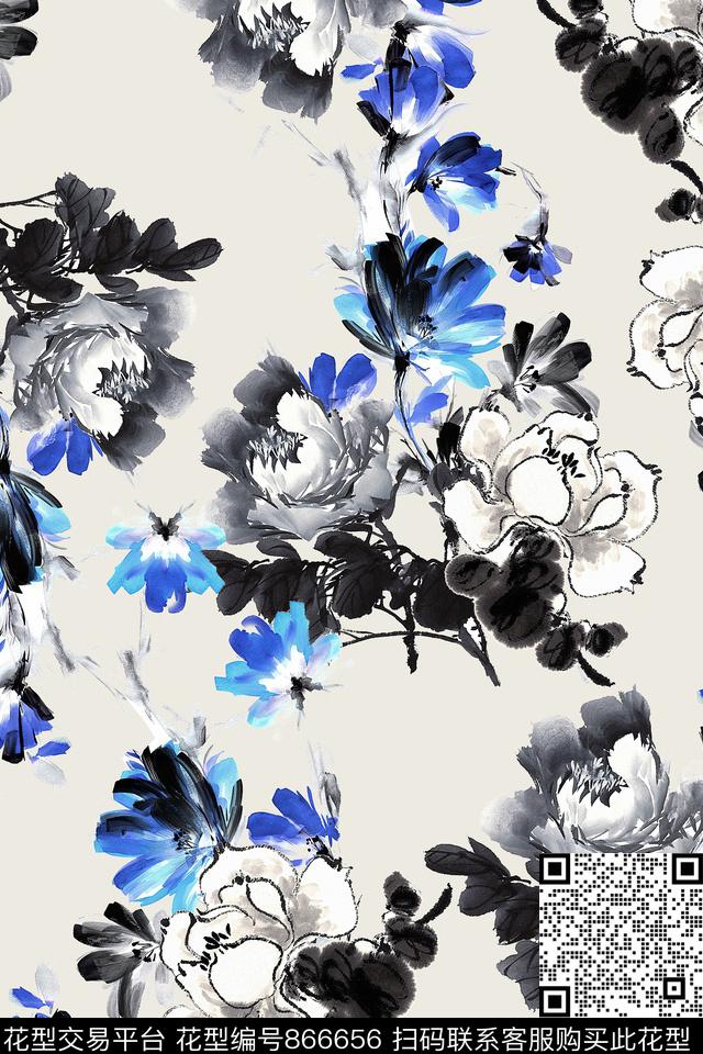 中国风水墨牡丹花数码印花华亿平台下载（图片编号: 866656） - 瓦栏（Walan）