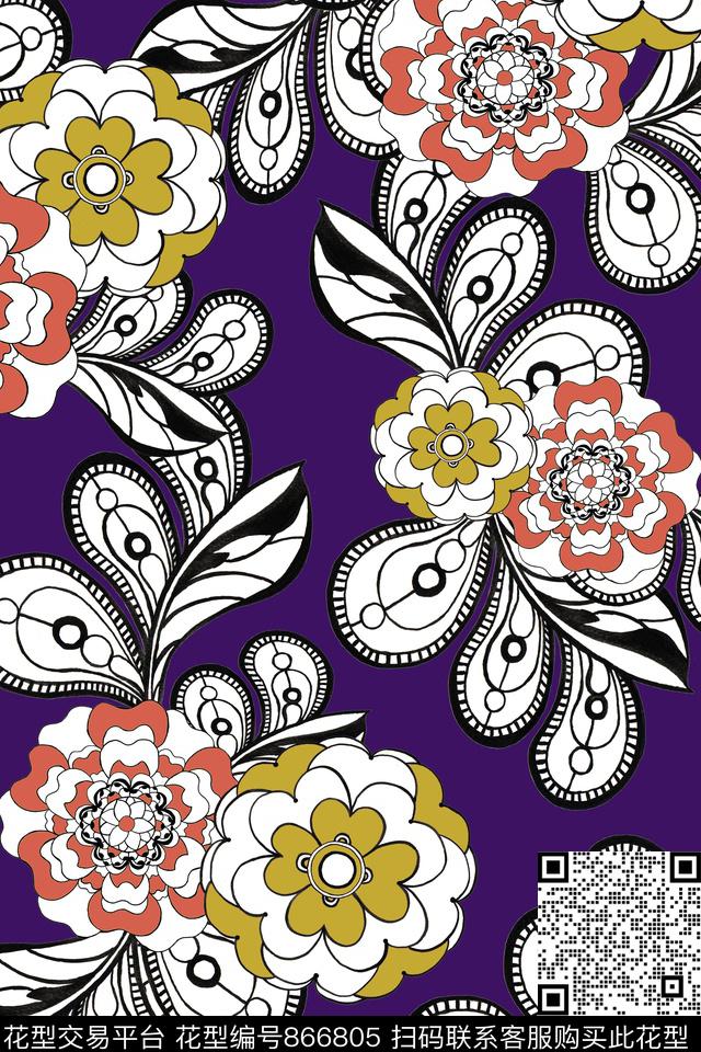 乱花花朵花卉传统印花华亿平台下载（图片编号: 866805） - 瓦栏（Walan）