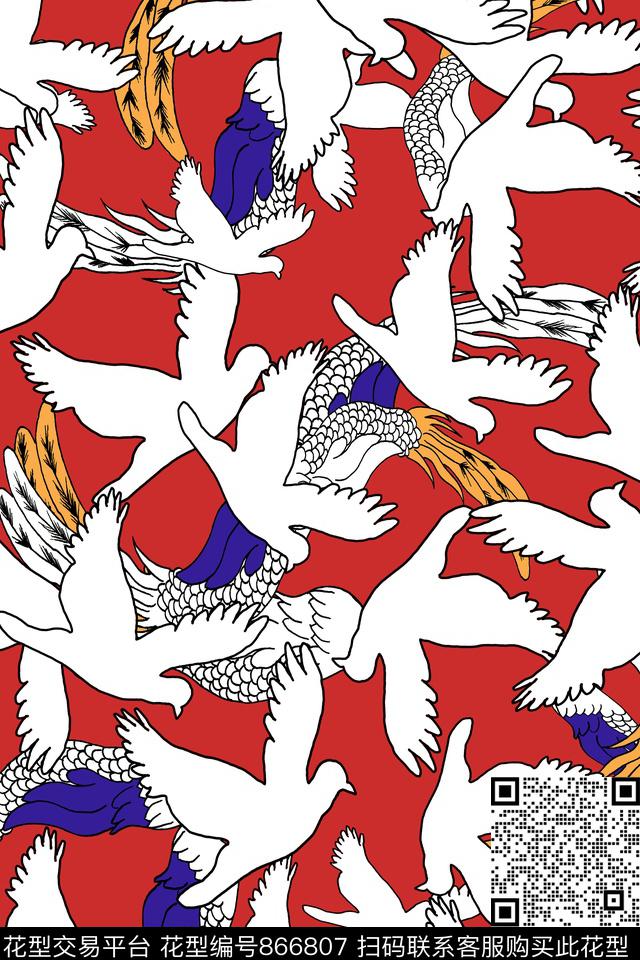 凤凰羽毛动物纹传统印花华亿平台下载（图片编号: 866807） - 瓦栏（Walan）