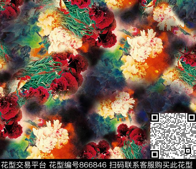 花卉鸡冠花芙蓉花数码印花华亿平台下载（图片编号: 866846） - 瓦栏（Walan）