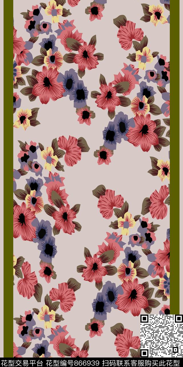 丝巾定位花抽象花卉配饰数码印花华亿平台下载（图片编号: 866939） - 瓦栏（Walan）