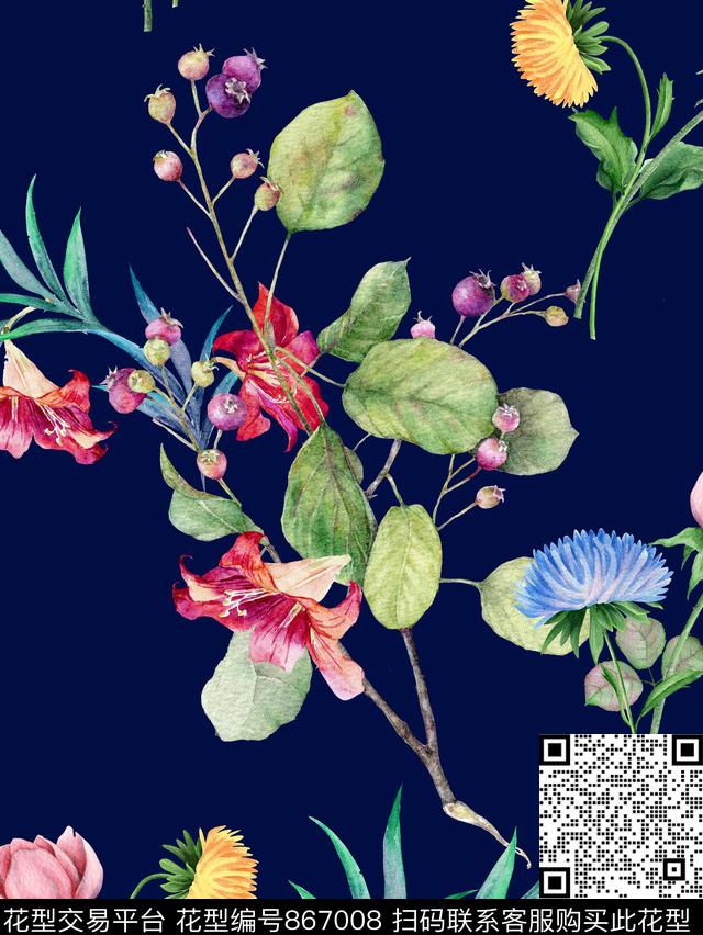 竹叶向日葵花卉数码印花华亿平台下载（图片编号: 867008） - 瓦栏（Walan）