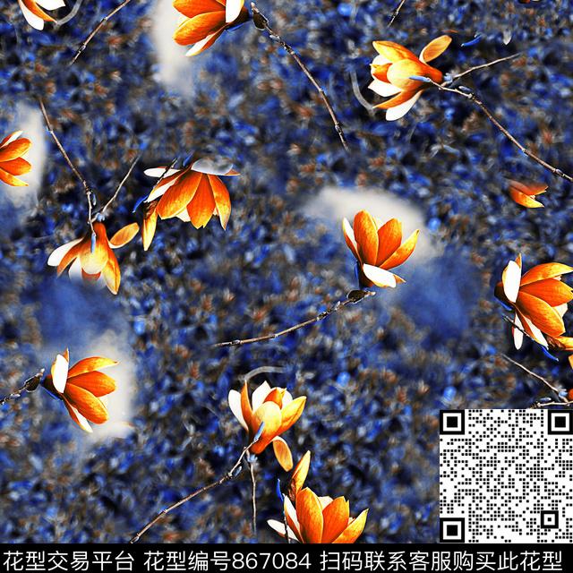 大气花花卉玉兰花数码印花华亿平台下载（图片编号: 867084） - 瓦栏（Walan）