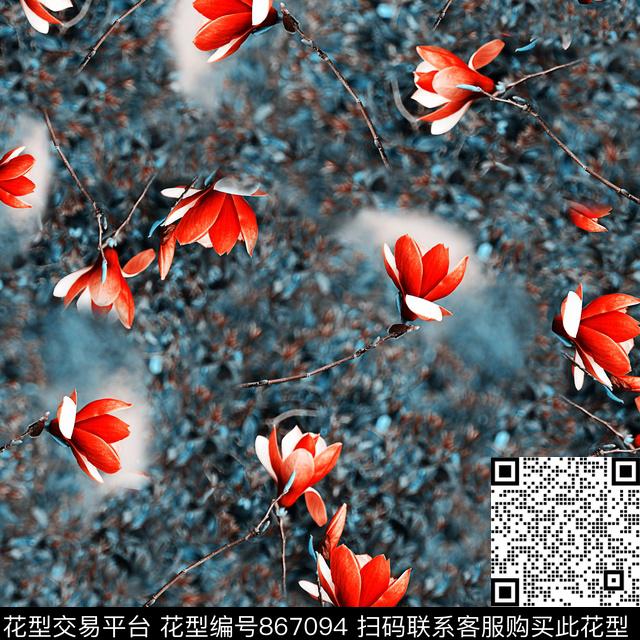 大气花花卉玉兰花数码印花华亿平台下载（图片编号: 867094） - 瓦栏（Walan）