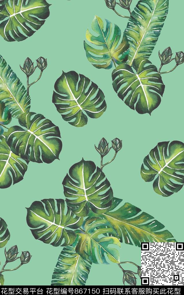 龟背竹火烈鸟热带数码印花华亿平台下载（图片编号: 867150） - 瓦栏（Walan）