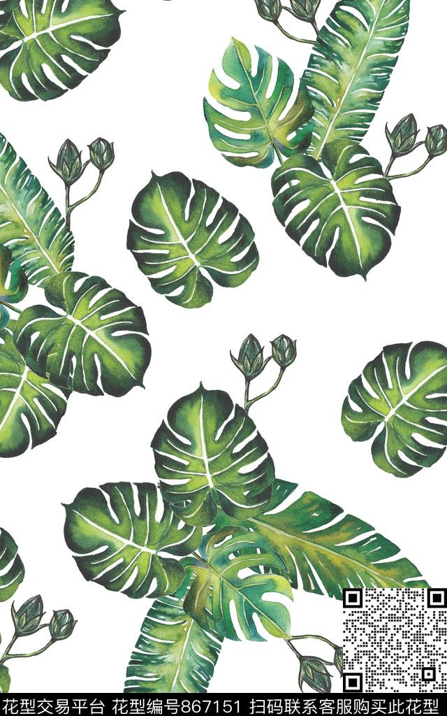 龟背竹火烈鸟热带数码印花华亿平台下载（图片编号: 867151） - 瓦栏（Walan）