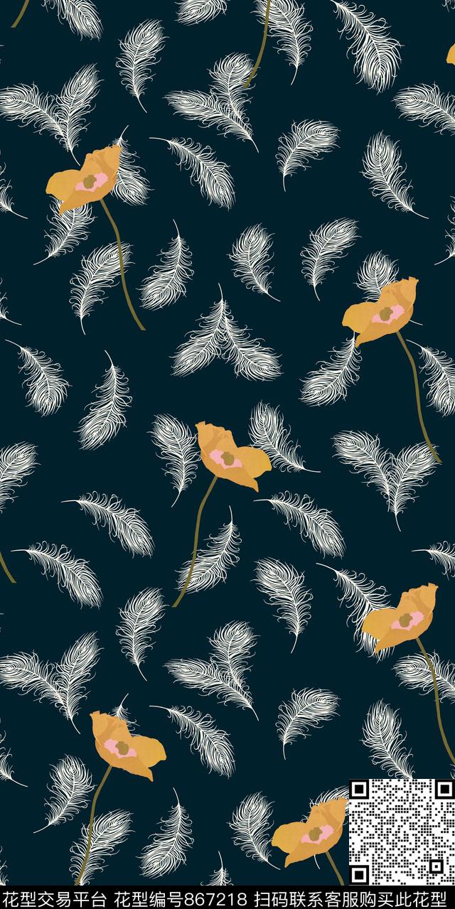 丝巾定位花羽毛配饰数码印花华亿平台下载（图片编号: 867218） - 瓦栏（Walan）