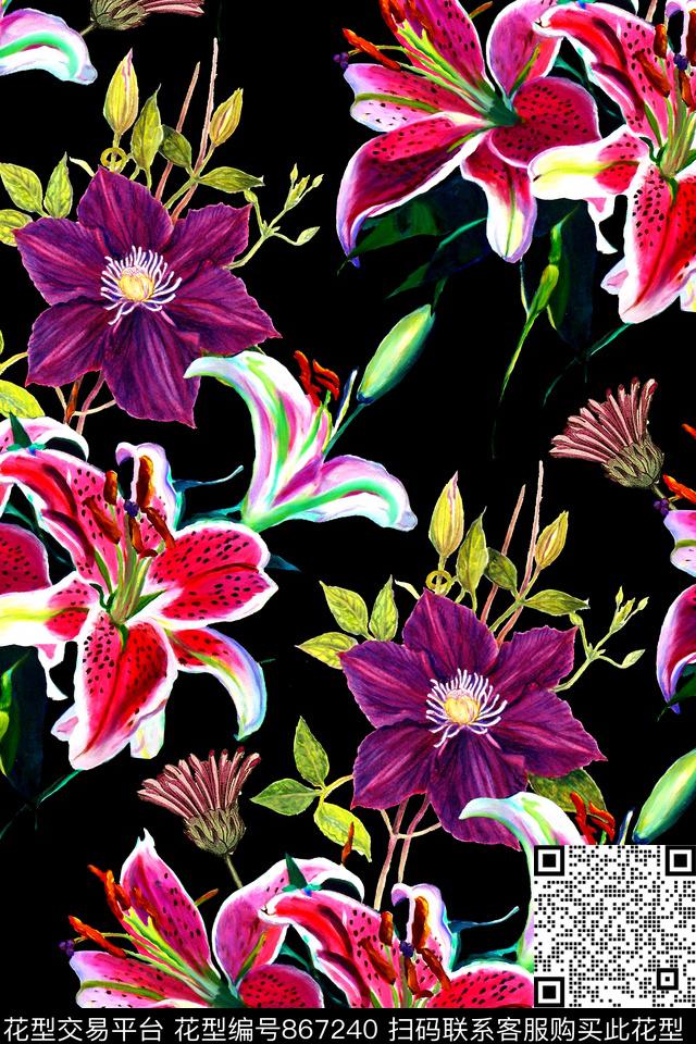 时尚手绘水彩数码印花华亿平台下载（图片编号: 867240） - 瓦栏（Walan）