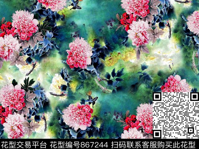 大花花卉牡丹数码印花华亿平台下载（图片编号: 867244） - 瓦栏（Walan）