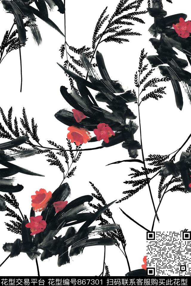 水墨水稻花卉数码印花华亿平台下载（图片编号: 867301） - 瓦栏（Walan）