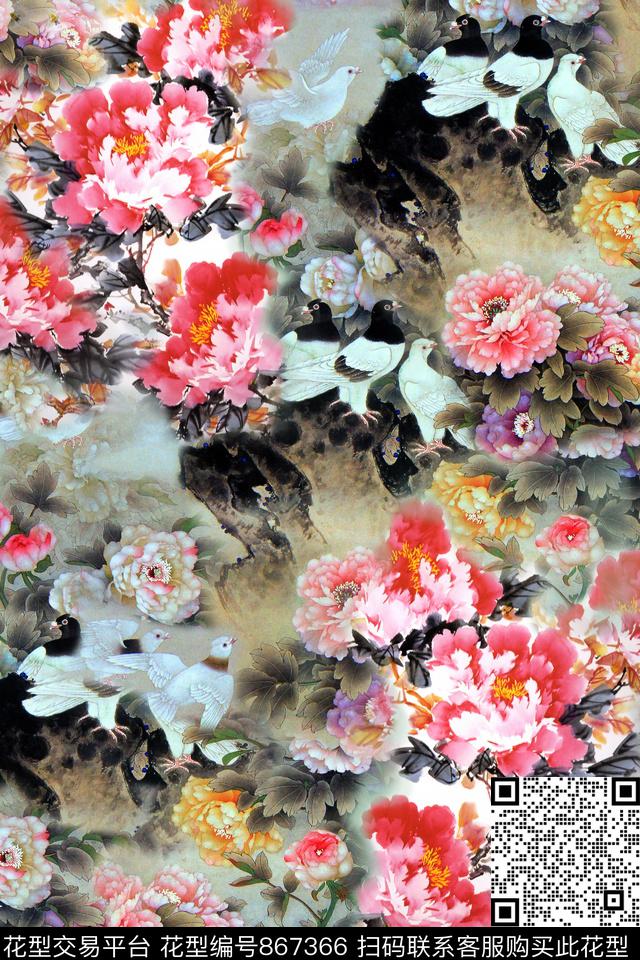 大花花朵花卉数码印花华亿平台下载（图片编号: 867366） - 瓦栏（Walan）
