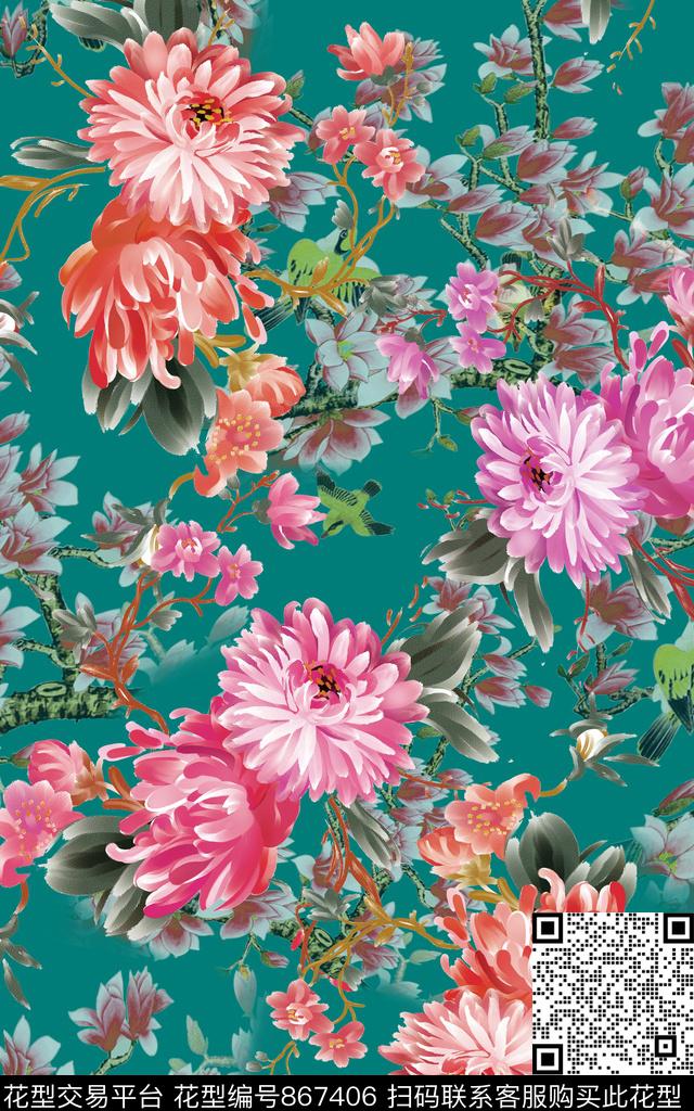 花卉乱花大花数码印花华亿平台下载（图片编号: 867406） - 瓦栏（Walan）