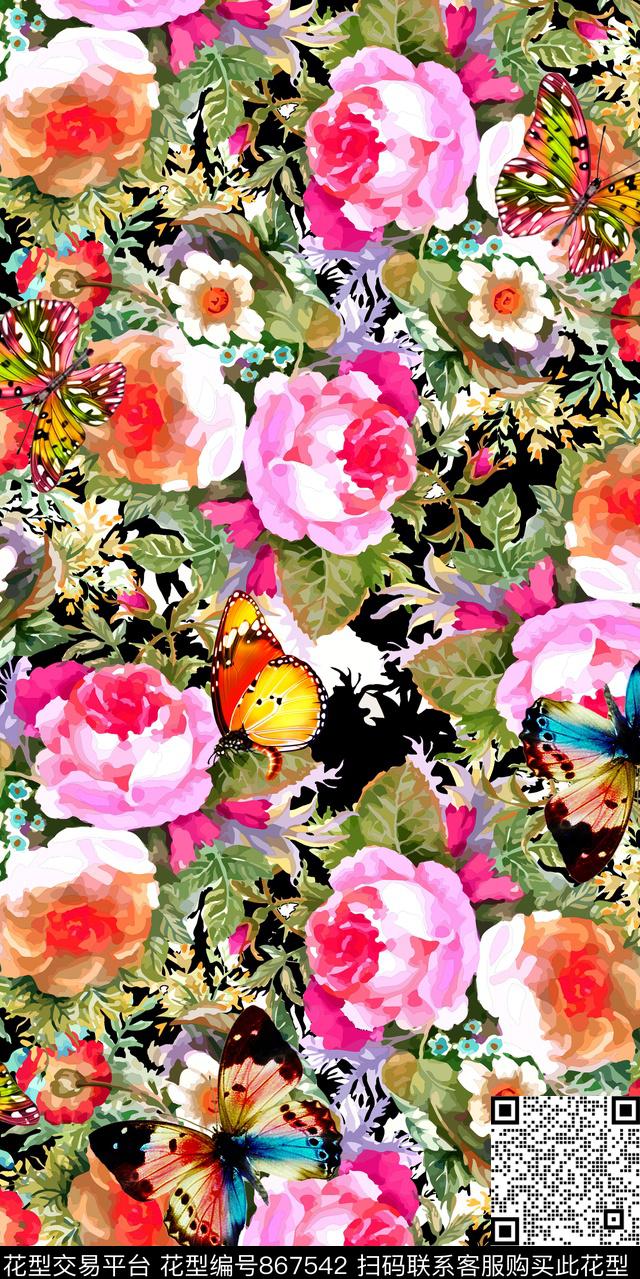 植物蝴蝶花卉数码印花华亿平台下载（图片编号: 867542） - 瓦栏（Walan）