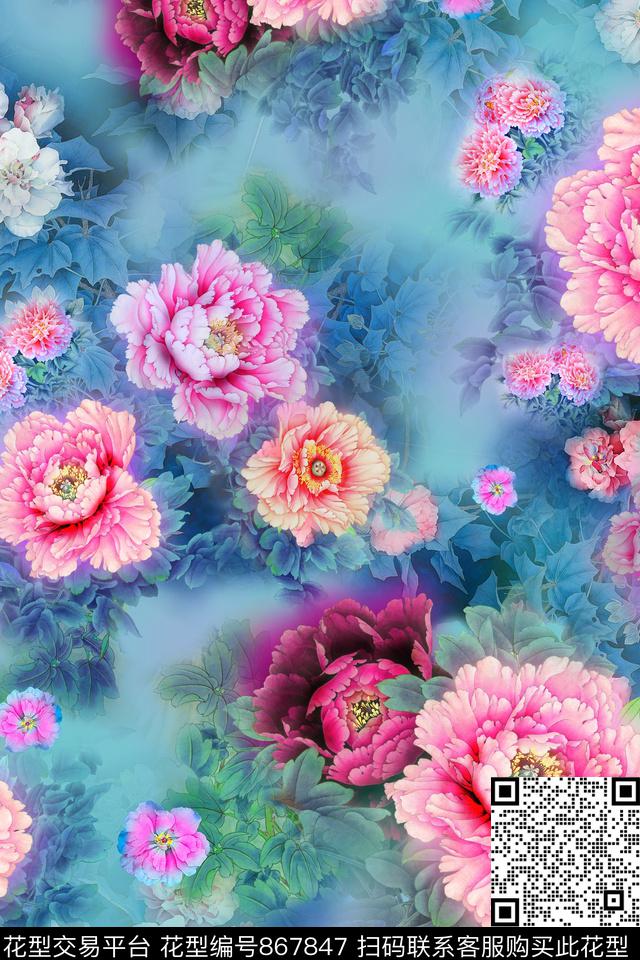 大花牡丹花卉数码印花华亿平台下载（图片编号: 867847） - 瓦栏（Walan）