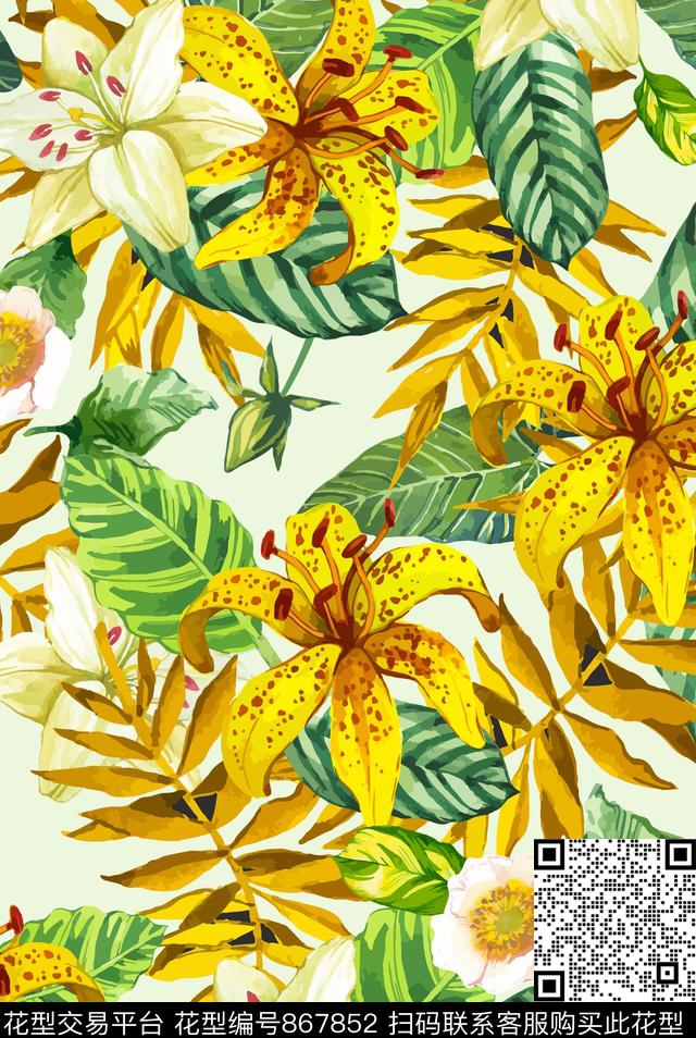 热带叶子植物数码印花华亿平台下载（图片编号: 867852） - 瓦栏（Walan）