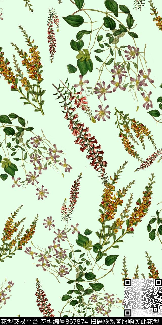 热带手绘花卉清爽数码印花华亿平台下载（图片编号: 867874） - 瓦栏（Walan）