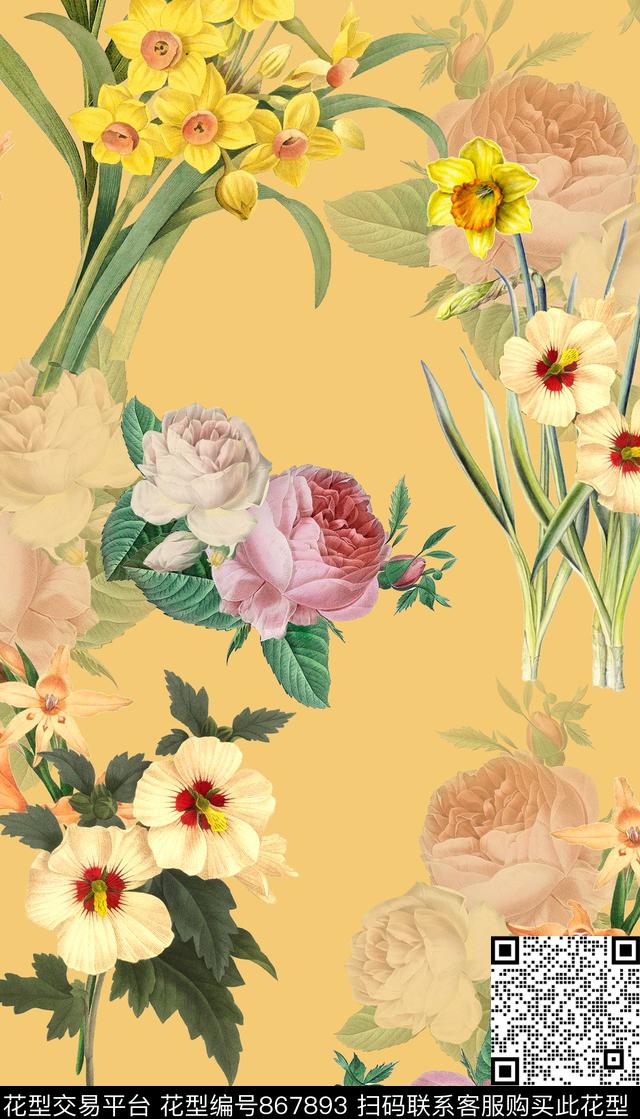 花卉清新手绘花数码印花华亿平台下载（图片编号: 867893） - 瓦栏（Walan）