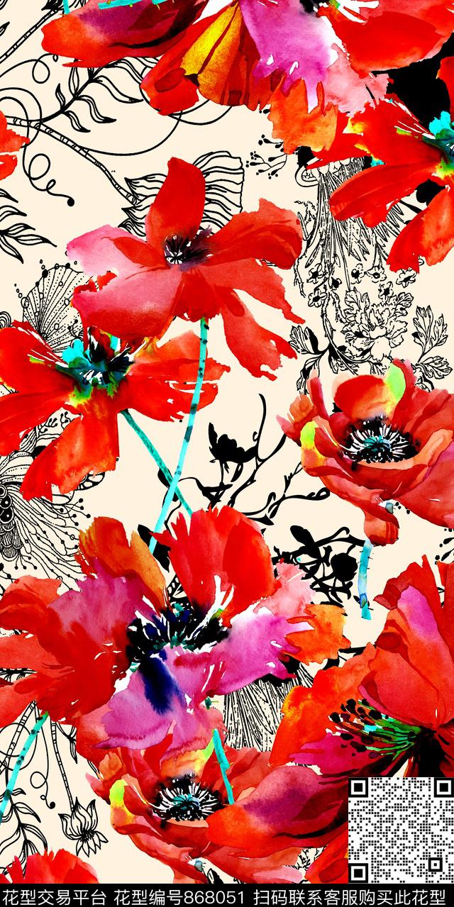 花朵花卉线条数码印花华亿平台下载（图片编号: 868051） - 瓦栏（Walan）