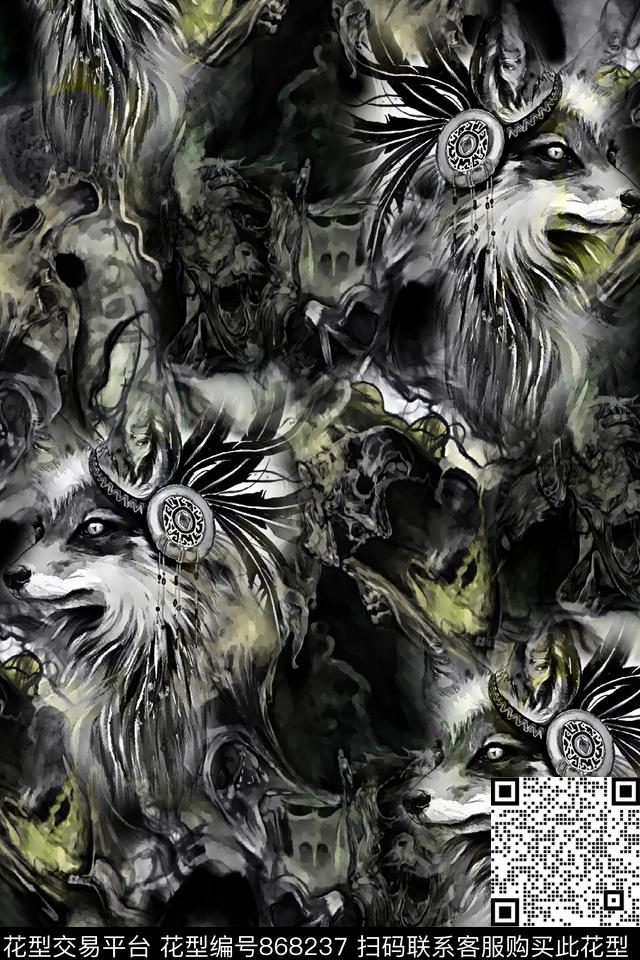 狼头抽象纹理复古男装华亿平台数码印花华亿平台下载（图片编号: 868237） - 瓦栏（Walan）