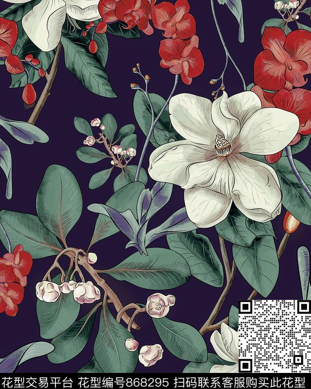 大花花卉花朵数码印花华亿平台下载（图片编号: 868295） - 瓦栏（Walan）