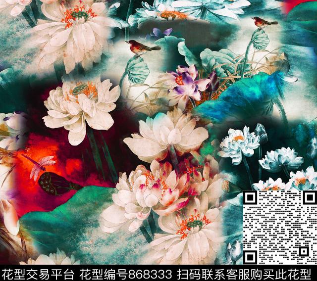 中国风花卉荷花数码印花华亿平台下载（图片编号: 868333） - 瓦栏（Walan）