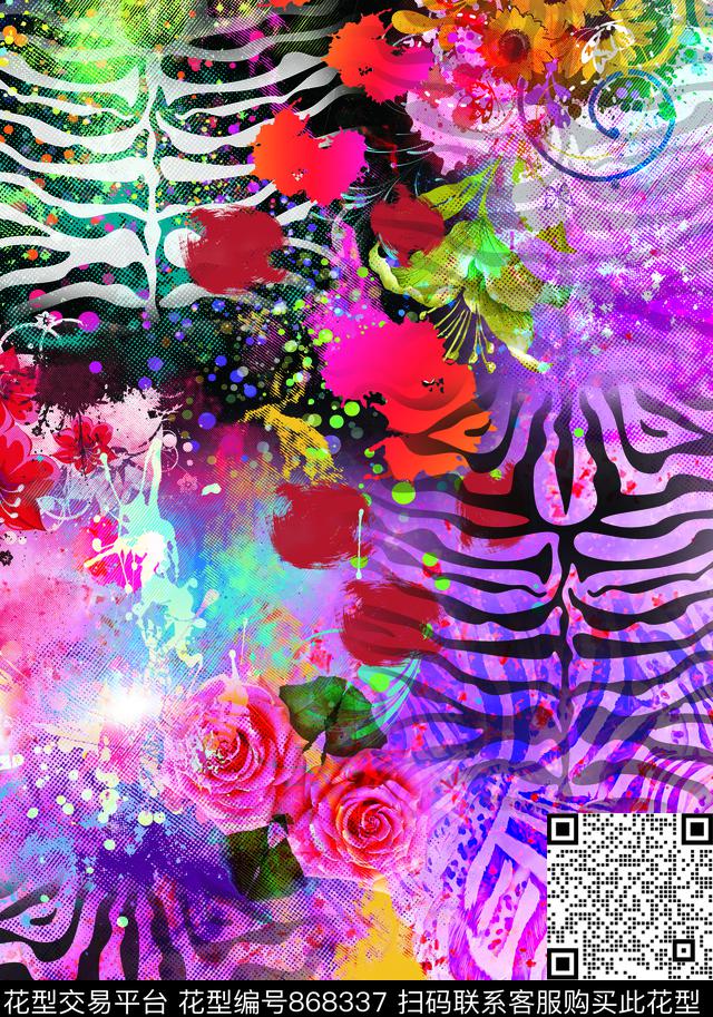 五彩缤纷花卉动物纹数码印花华亿平台下载（图片编号: 868337） - 瓦栏（Walan）